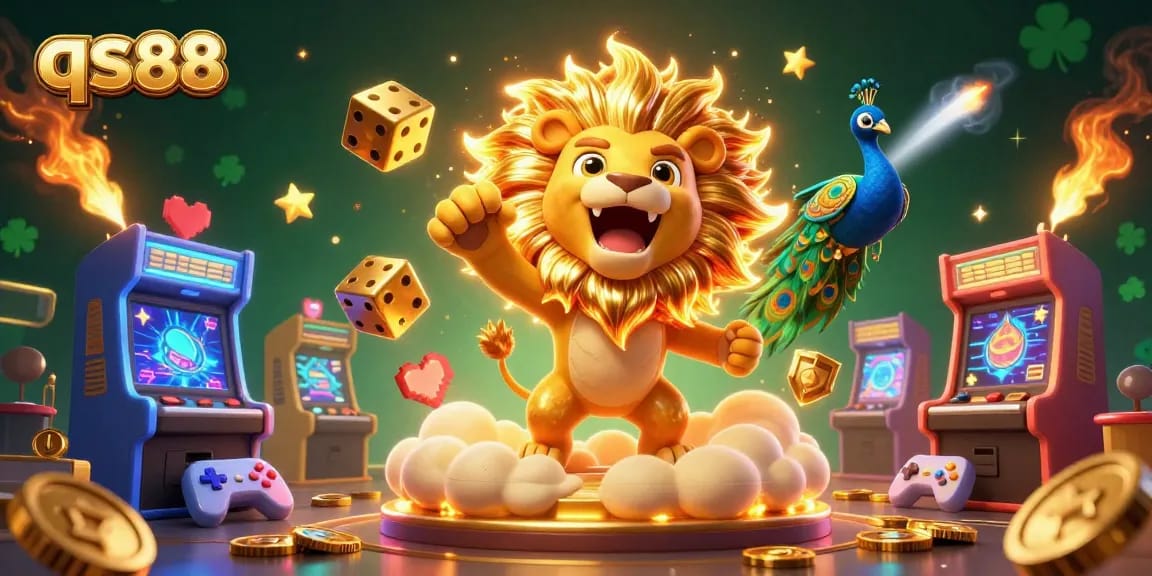Experience qs88's vibrant gaming universe with a roaring lion and striking golden elements in a 3D illustration.