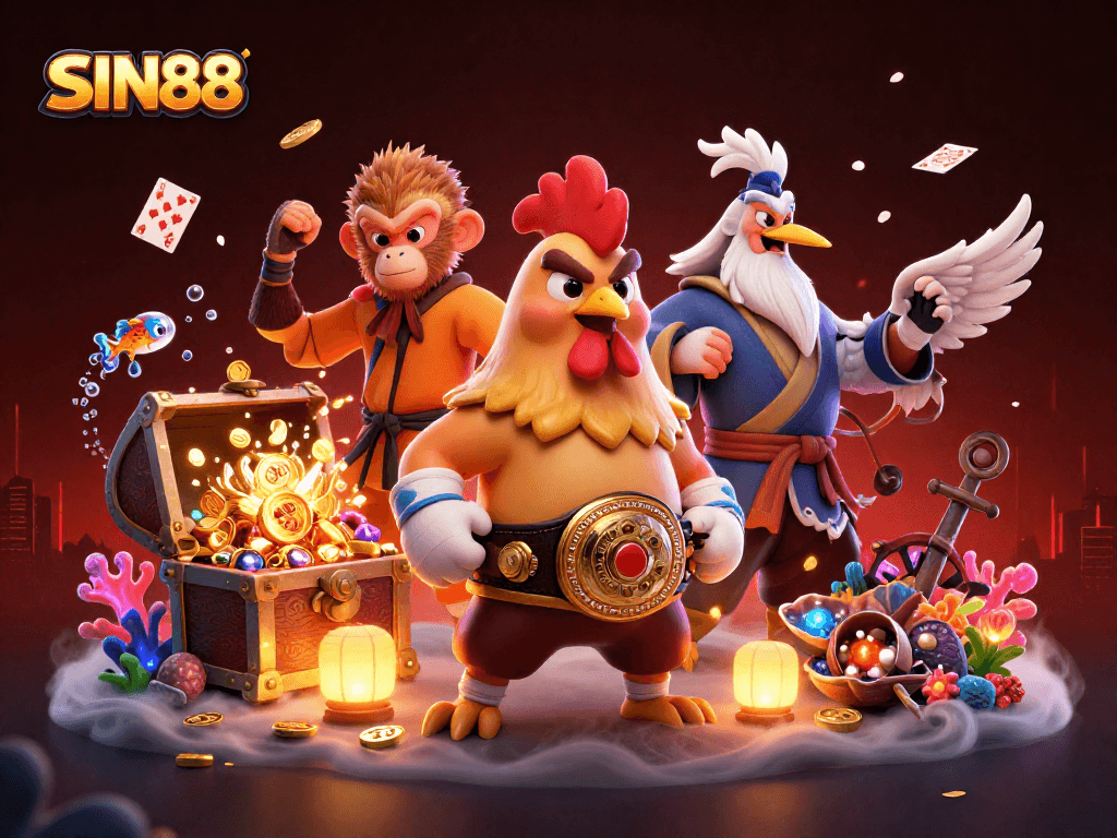 SIN88 showcases a dynamic illustration with a Muay Thai rooster and Shaolin monkey in a vibrant casino scene.