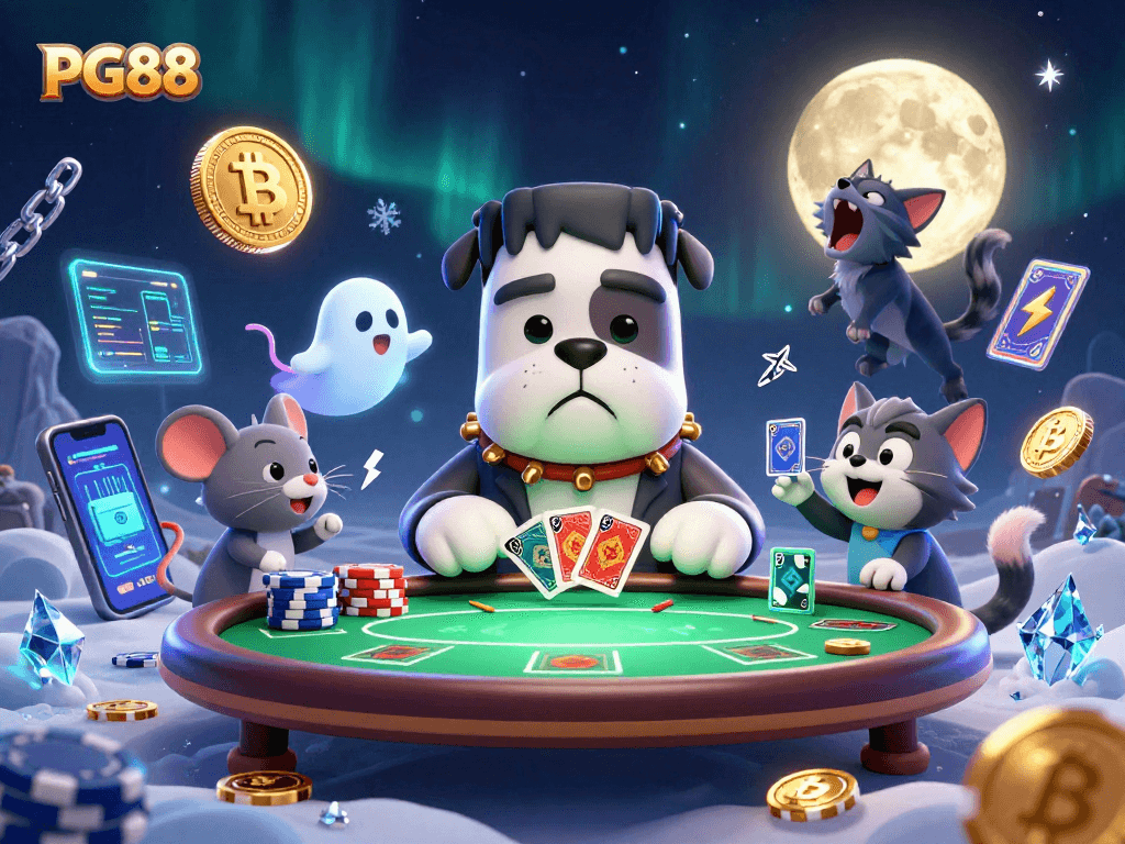 PG88's Frankenstein bulldog monster deals poker cards at a spooky table with crypto coins and a ghost mouse.