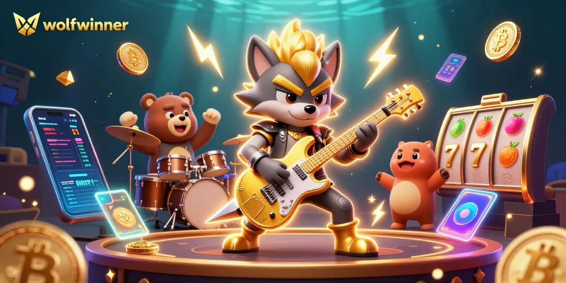 Engage with the wolfwinner experience as a rock star wolf electrifies the stage with crypto elements and lively casino visuals.