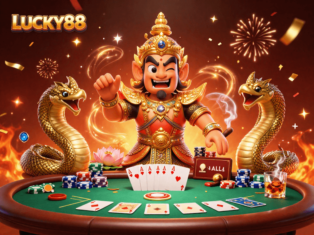 Celebrate exciting wins with LUCKY88 in this vibrant casino scene featuring poker action.