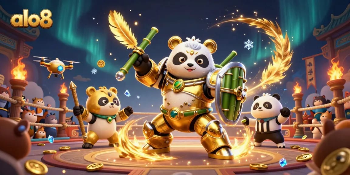 Engage with alo8's thrilling gambling arena featuring a mech-suit panda and spectacular game elements.