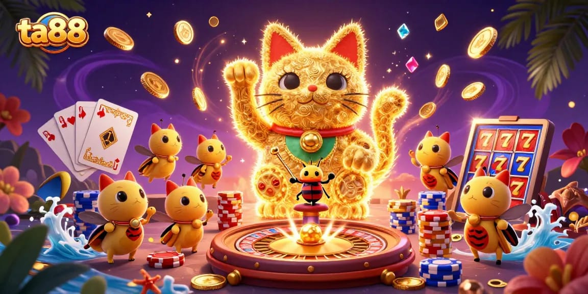 Experience the ta88 casino adventure as golden fireflies transform into a lucky cat amidst gaming symbols.