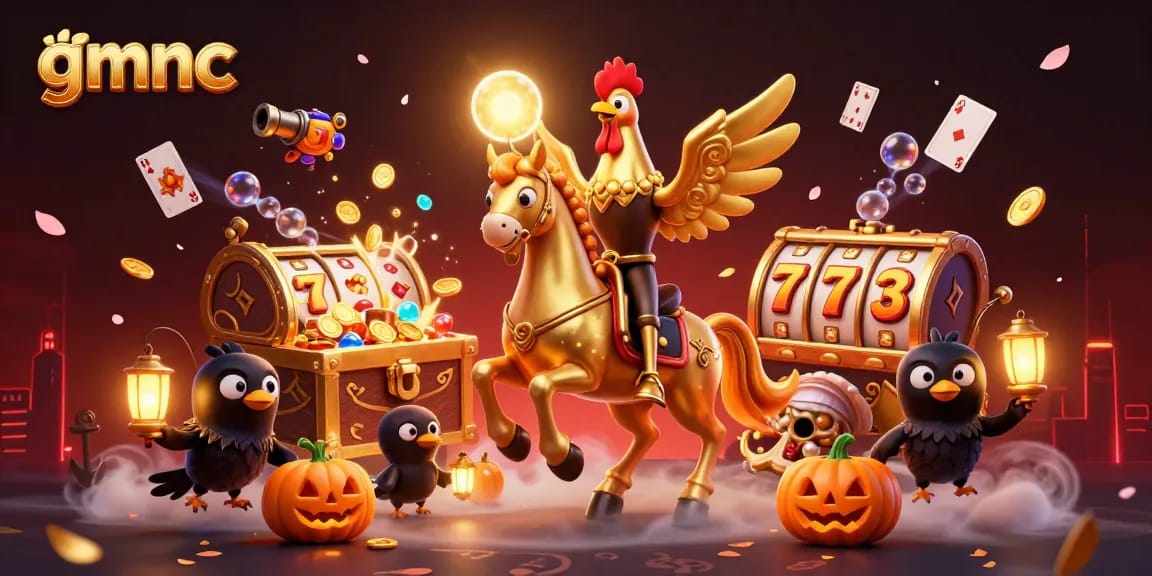 Experience the excitement of gmnc with a vibrant casino scene featuring a golden rooster and crow companions amidst treasure.