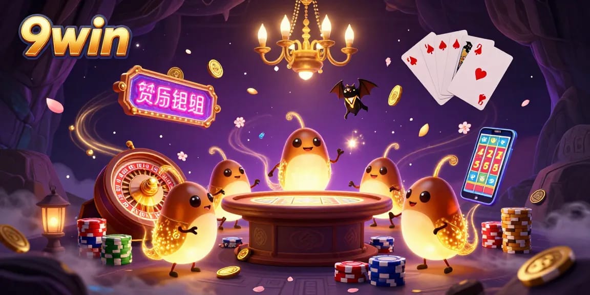 Experience the vibrant world of 9win with glowing glowworms and dynamic casino action.