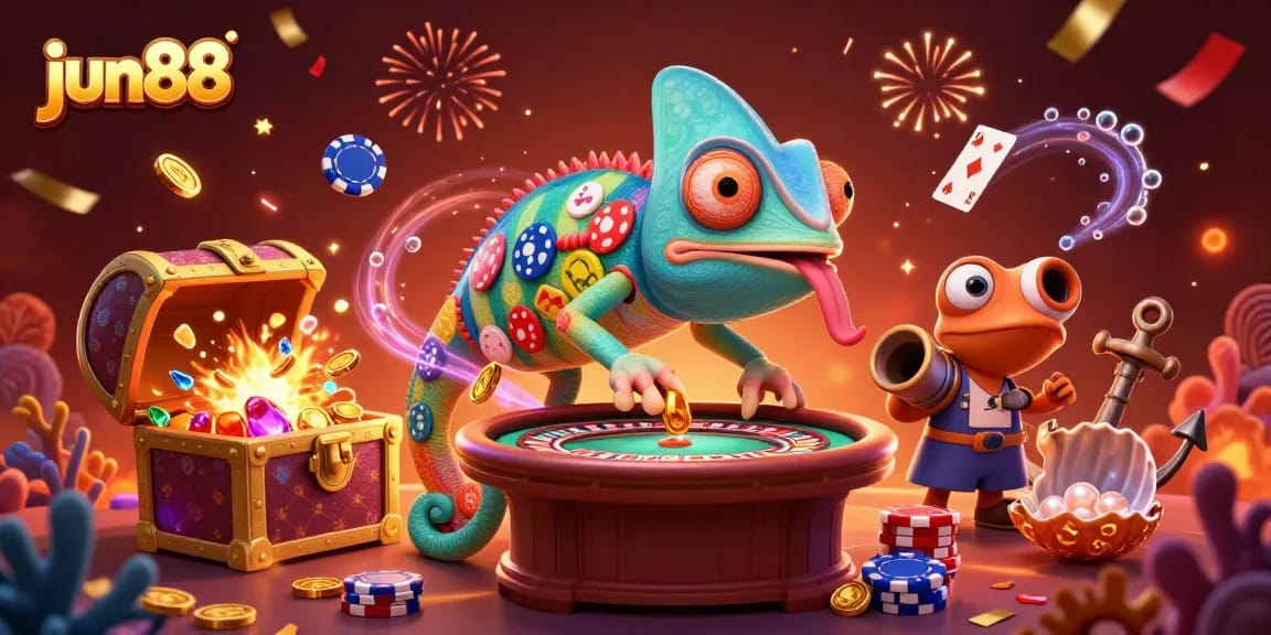 Win at jun88 with a colorful 3D chameleon casino owner amid floating cards and treasure.