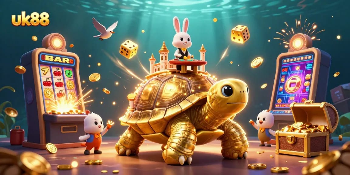 Experience the vibrant thrills of uk88 with a golden tortoise casino scene bursting with excitement.