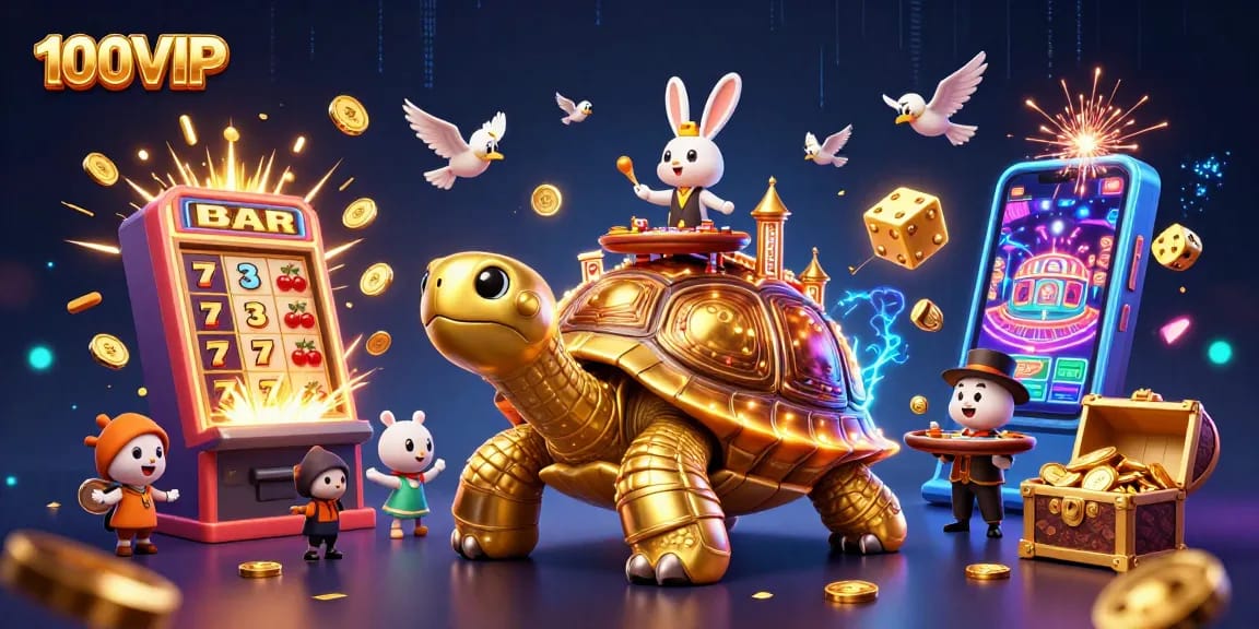 Win big at 100VIP as the golden tortoise hosts a vibrant casino scene filled with excitement.