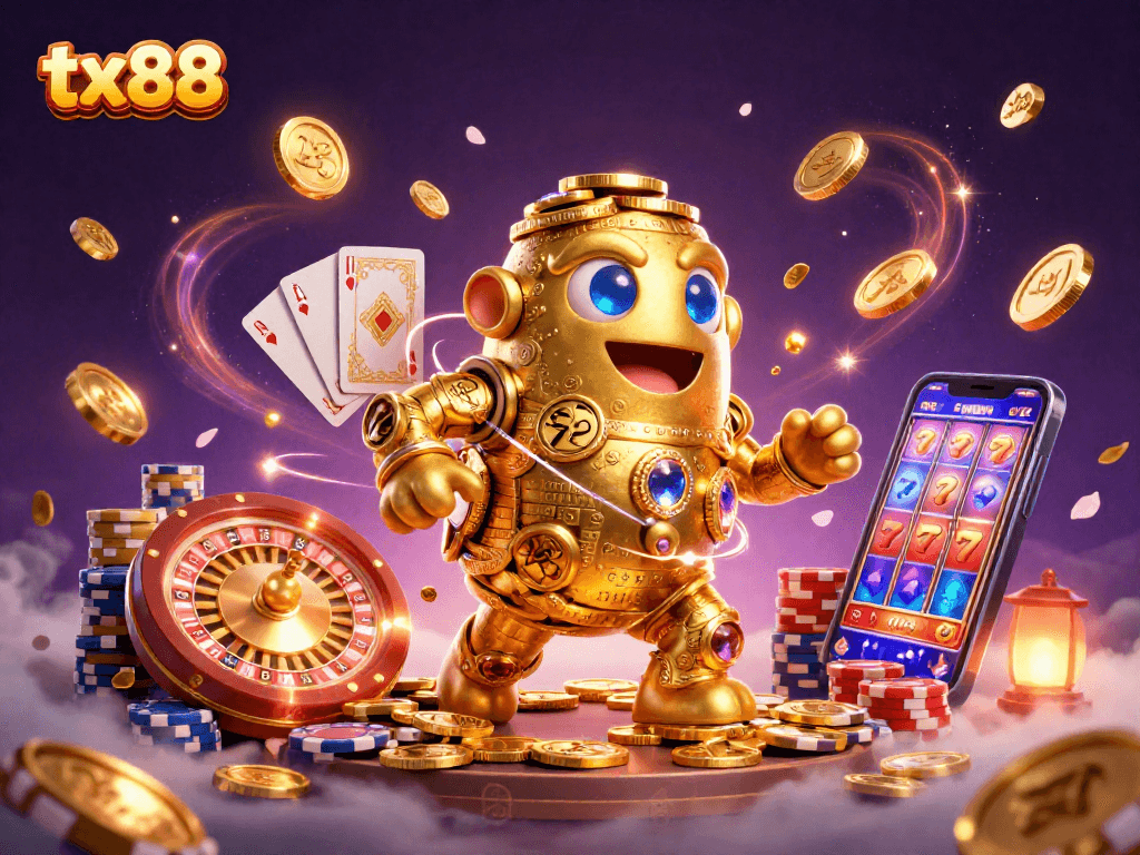 Experience thrilling wins with tx88's golden golem and vibrant casino features in a captivating scene.