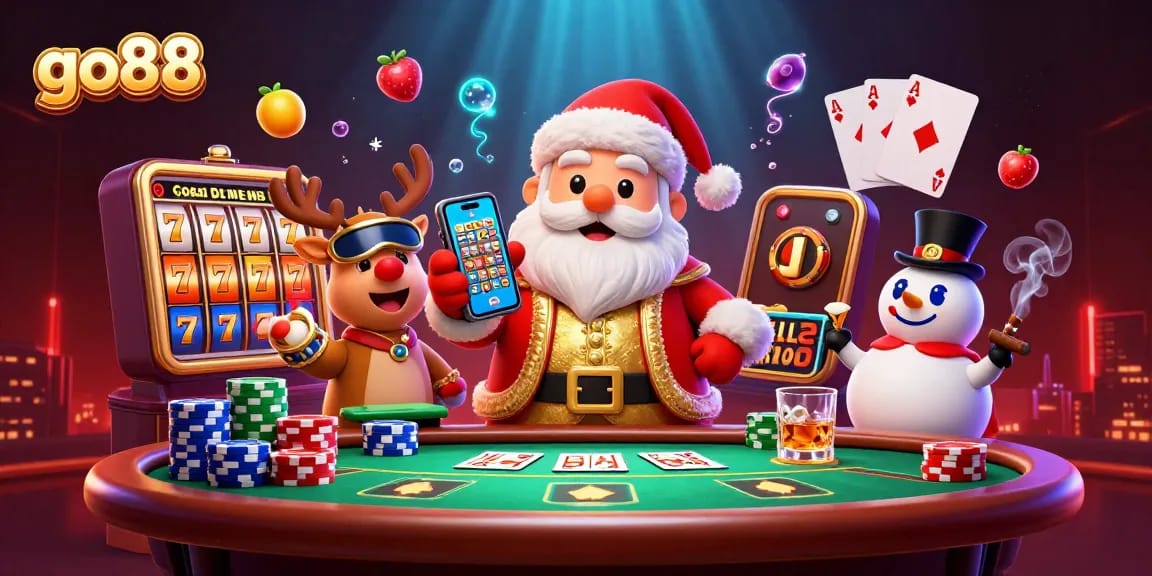 Experience jackpots at go88 with Santa, a reindeer dealer, and a poker chip snowman!