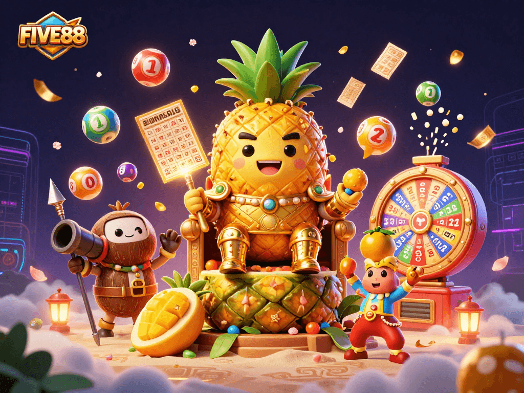 Experience the excitement at FIVE88 with vibrant lottery elements and a tropical gaming theme.
