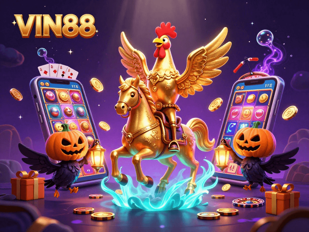 Experience the VIN88 excitement with a golden rooster riding through a vibrant casino scene.