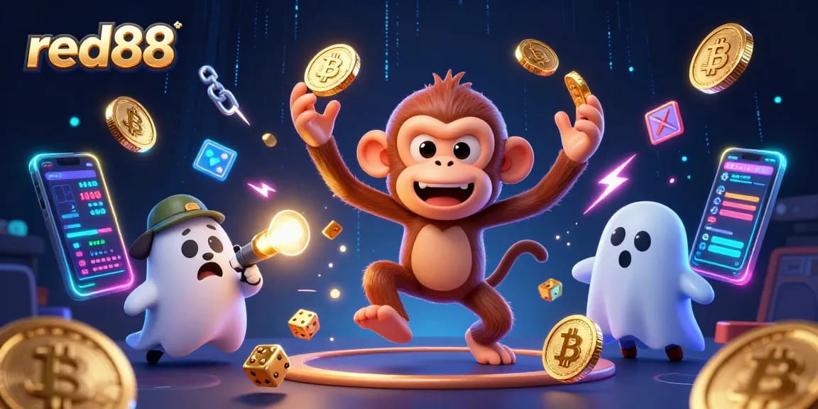Win big at red88 as a mischievous poltergeist monkey juggles coins in a haunted casino.
