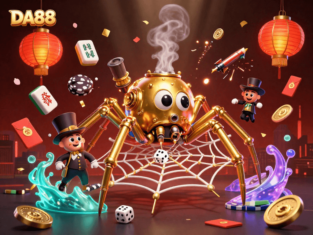 Catch exciting action at DA88 casino, where a golden spider captures dice in a web of fortune!