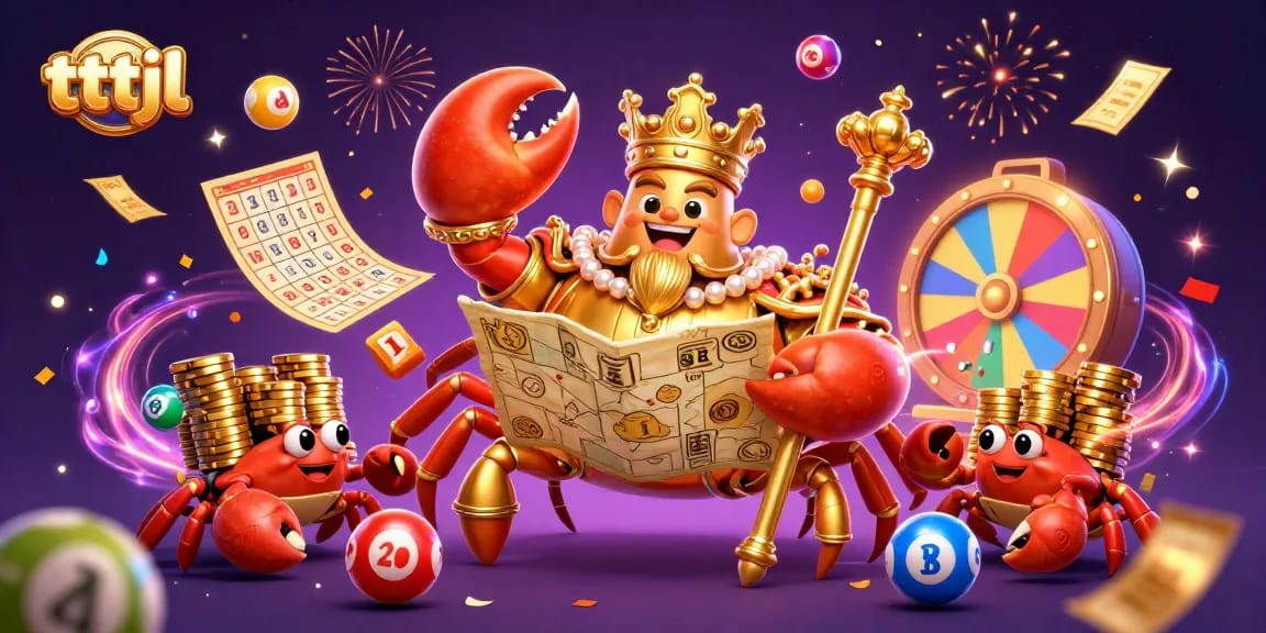 Engage with tttjl as the golden crab emperor leads a vibrant lottery celebration.