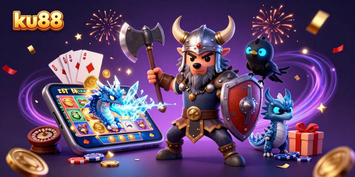 ku88 logo adorns vibrant 3D casino scene with animated characters and gaming elements.
