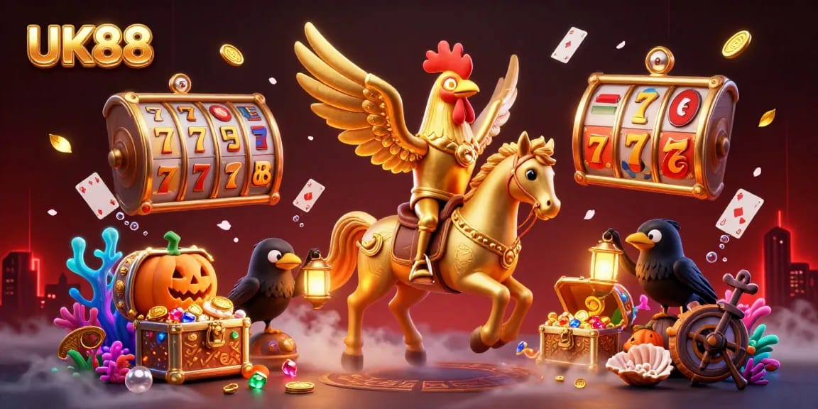 Engage with the exciting world of UK88 featuring a vibrant midnight casino scene with a golden rooster and glowing elements.