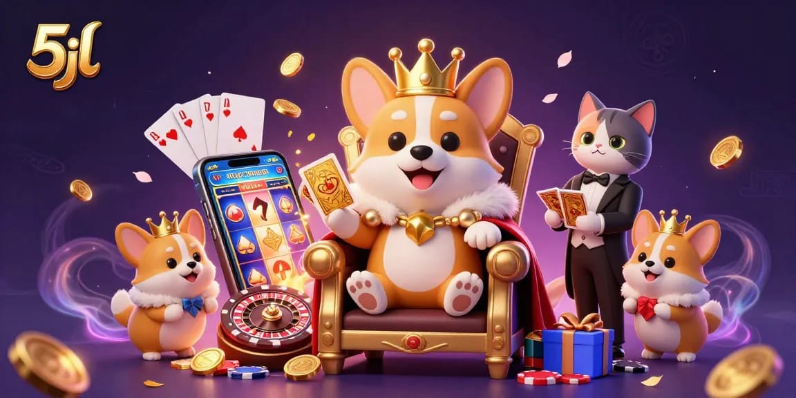 Engage in thrilling action with 5jl as royal corgi chairs atop poker chips amid a vibrant gaming scene.