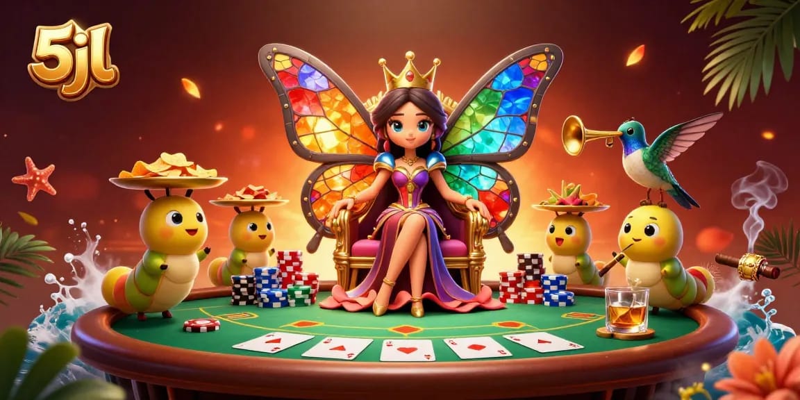 Engage with vibrant 5jl casino elements featuring a butterfly queen at a lively poker scene.