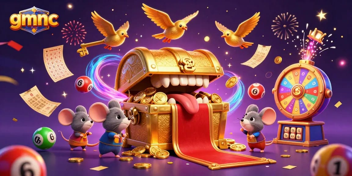 Engage with gmnc's vibrant gaming scene showcasing colorful lottery elements and a golden treasure chest.