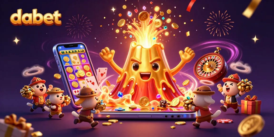 dabet brings vibrant casino excitement with a golden volcano, treasure animals, and spinning slot games.