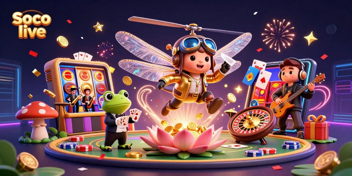Experience Soco live's exciting casino action with a unique dragonfly pilot and frog croupier in this vibrant illustration.