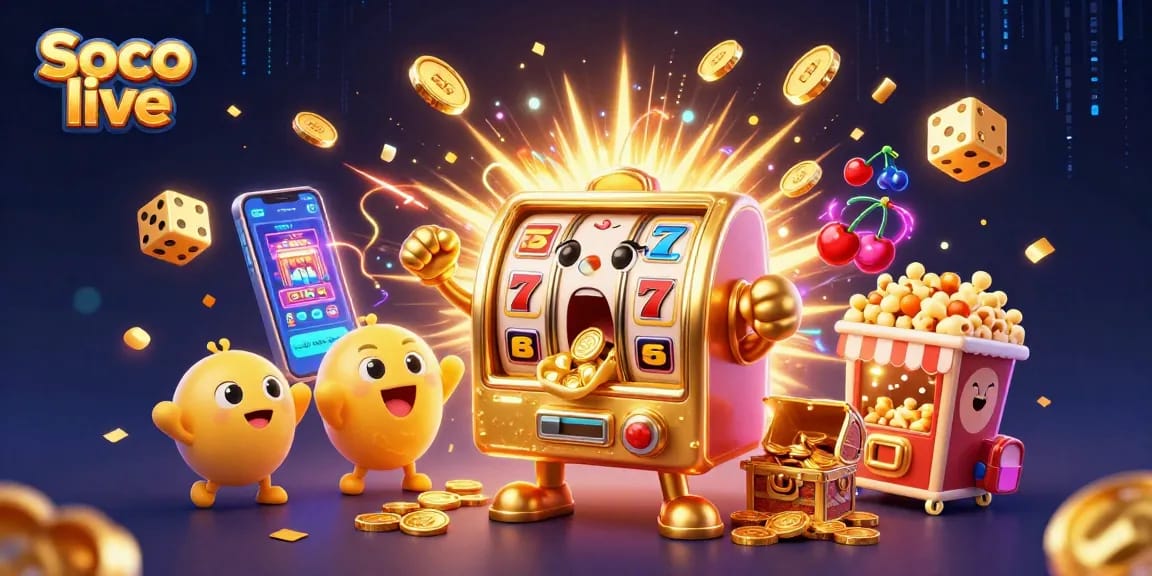 Experience winning with Soco live in vibrant 3D illustration of a jackpot celebration.