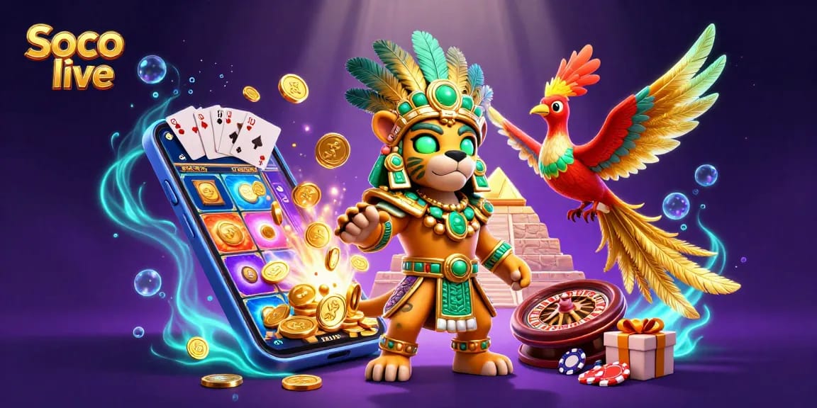 Experience thrilling gameplay with Soco live's vibrant 3D casino scene featuring dynamic slot games and captivating characters.