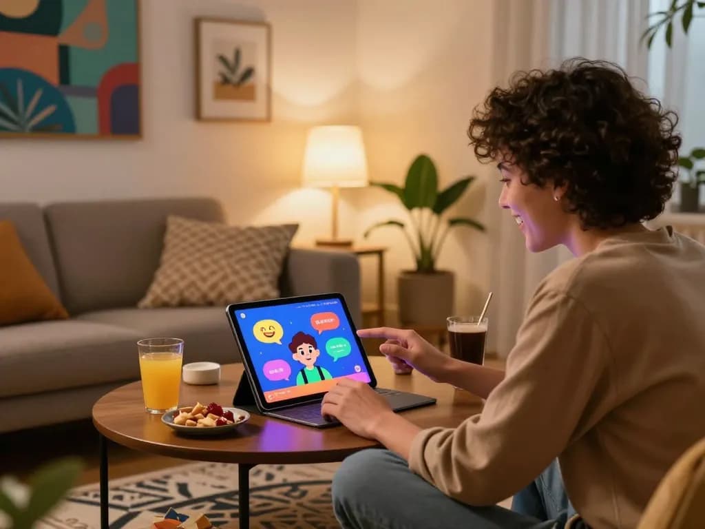 A vibrant chat with a spicy AI character in a cozy digital lounge setting, showcasing engaging interaction and a lively atmosphere.