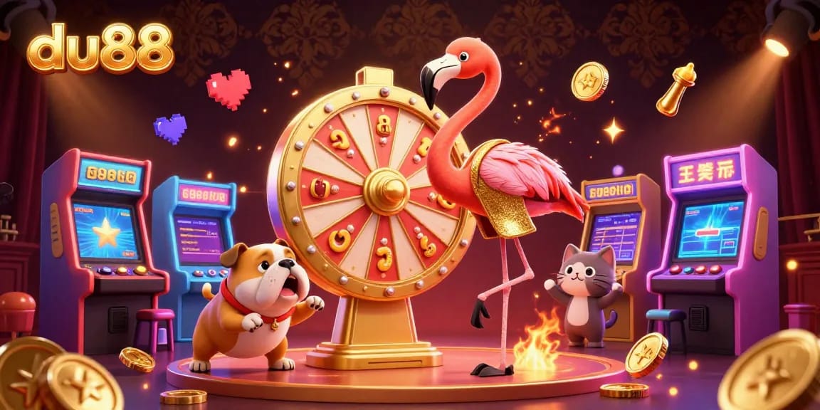 Experience du88 with a thrilling casino scene featuring a flamingo game show host, bulldog contestant, and vibrant arcade games.