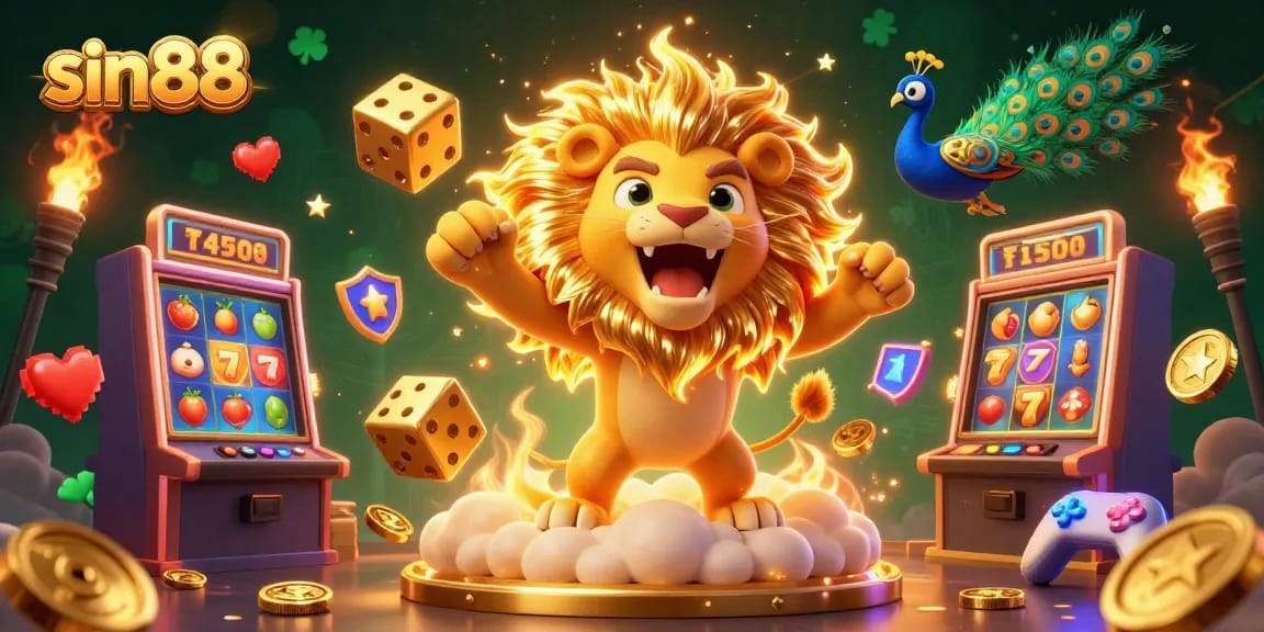 Experience the thrill of sin88 with vibrant slot machines, golden dice, and a roaring lion in this dynamic casino scene.