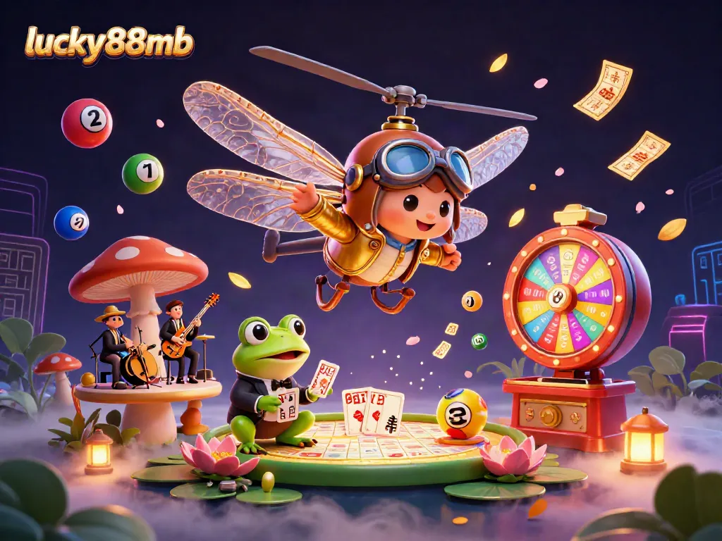 This vibrant illustration of lucky88mb showcases a 3D dragonfly pilot and frog croupier amid dynamic gambling elements, creating engaging casino excitement.
