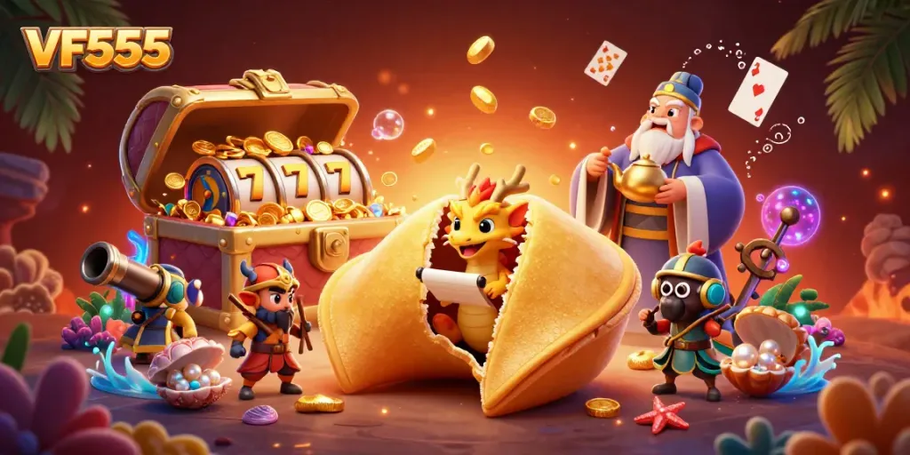 Engage with immersive gambling at VF555, featuring a golden fortune cookie and animated casino elements.