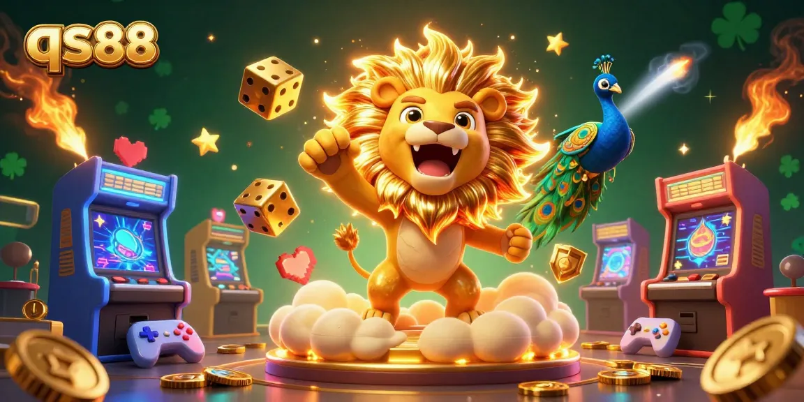 Experience qs88's vibrant gaming universe with a roaring lion and striking golden elements in a 3D illustration.