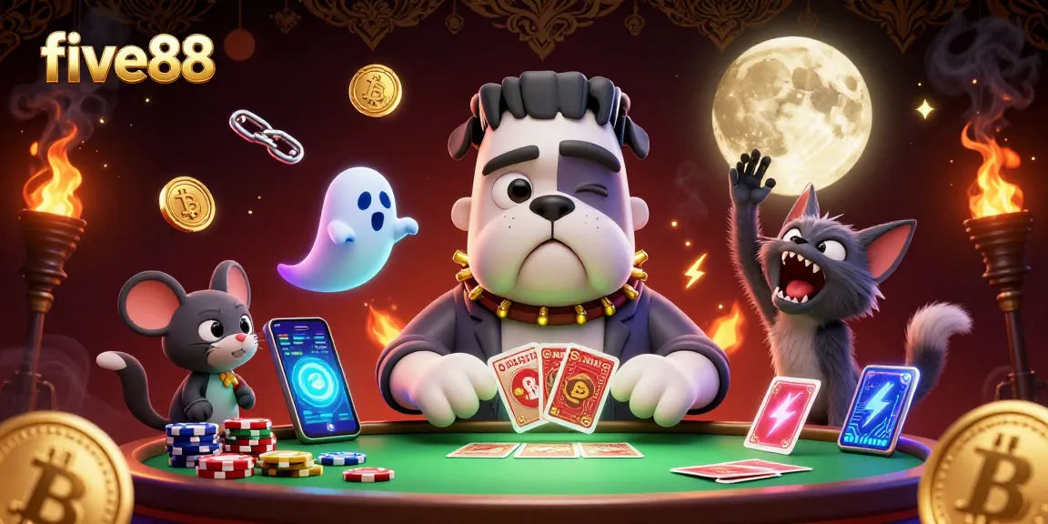 five88 features a playful scene with a bulldog monster dealing cards at a haunted table.