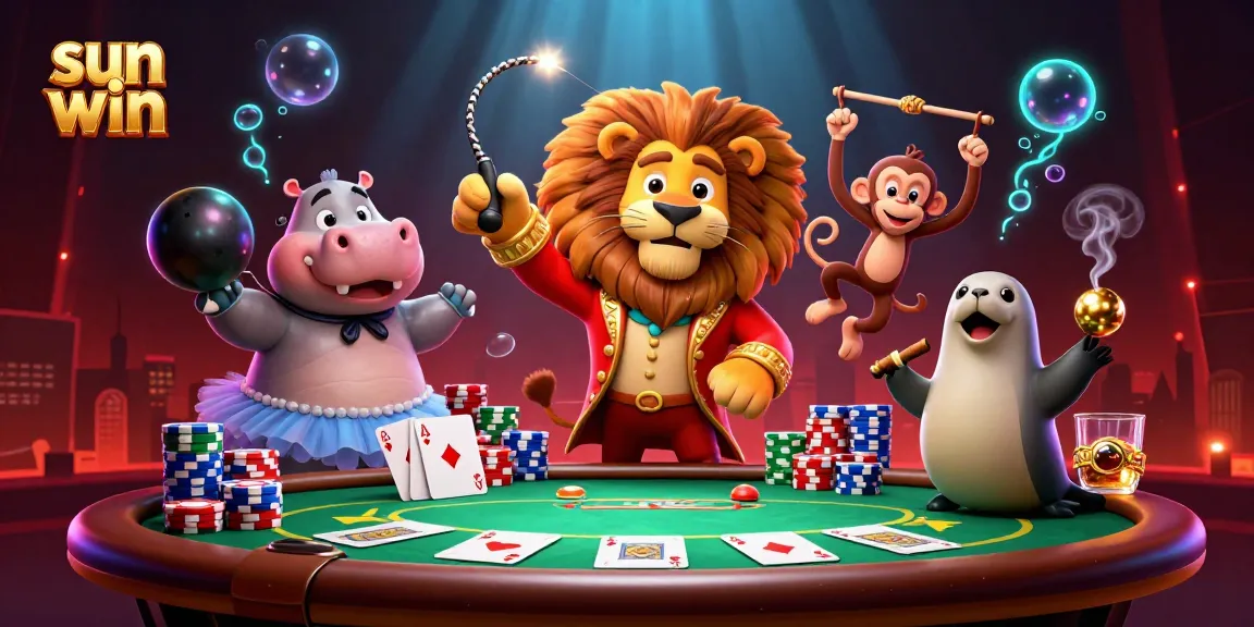 Sun win showcases thrilling casino action with captivating circus characters and poker elements.