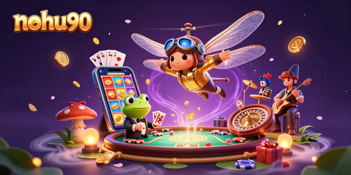 Nohu90 players enjoy vibrant slot games while a dragonfly pilot oversees a lily pad casino.
