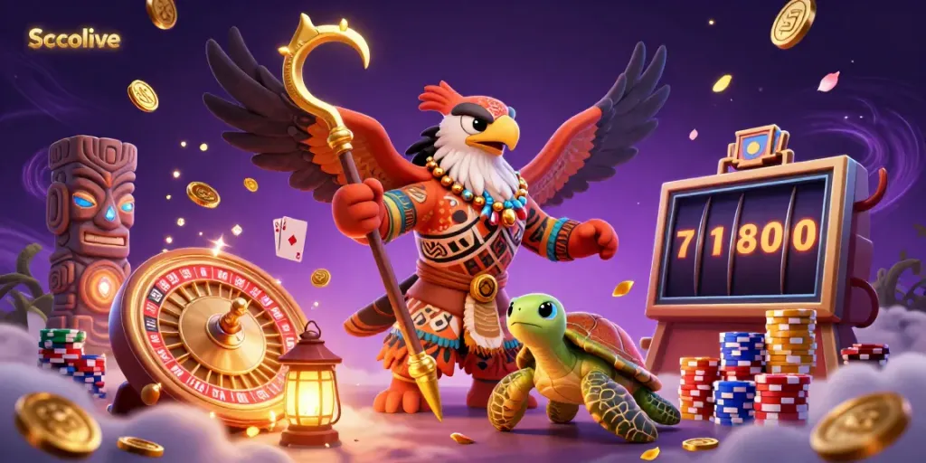 Socolive showcases a dynamic gaming scene with a Polynesian demigod hawk and turtle, enhanced by golden coins and vibrant casino elements.