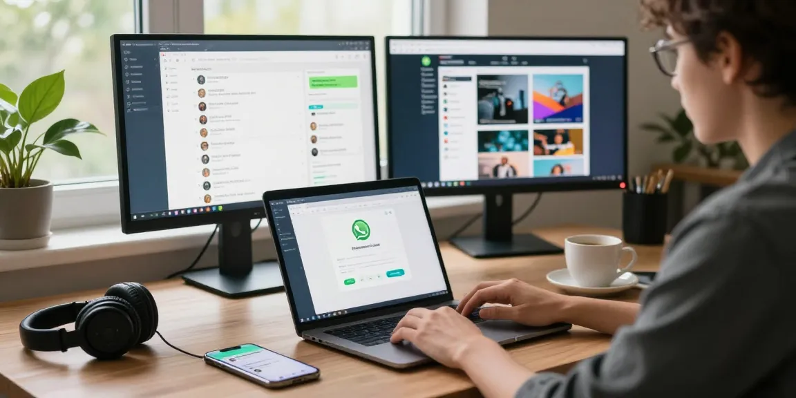 Engaging workspace scene featuring WhatsApp電腦版 on laptop with smartphone notifications and cozy office decor.