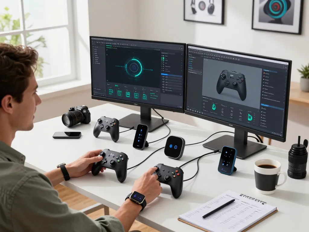 Explore the top 10 tech gadgets 2094 showcased in a vibrant tech workspace, highlighting innovative Bluetooth devices and their functionalities.