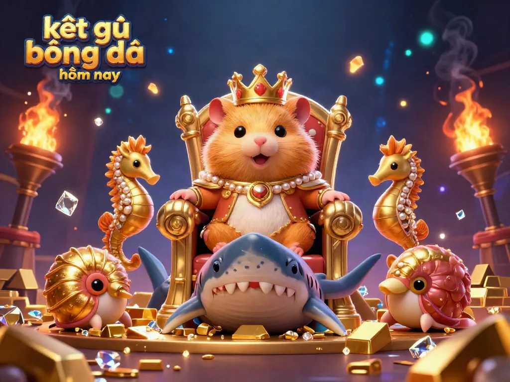 Experience the excitement of kết quả bóng đá hôm nay in a vibrant casino-themed 3D illustration with a golden hamster king.