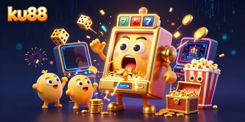 ku88 slot machine celebrating a jackpot with baby slots and golden popcorn highlights.