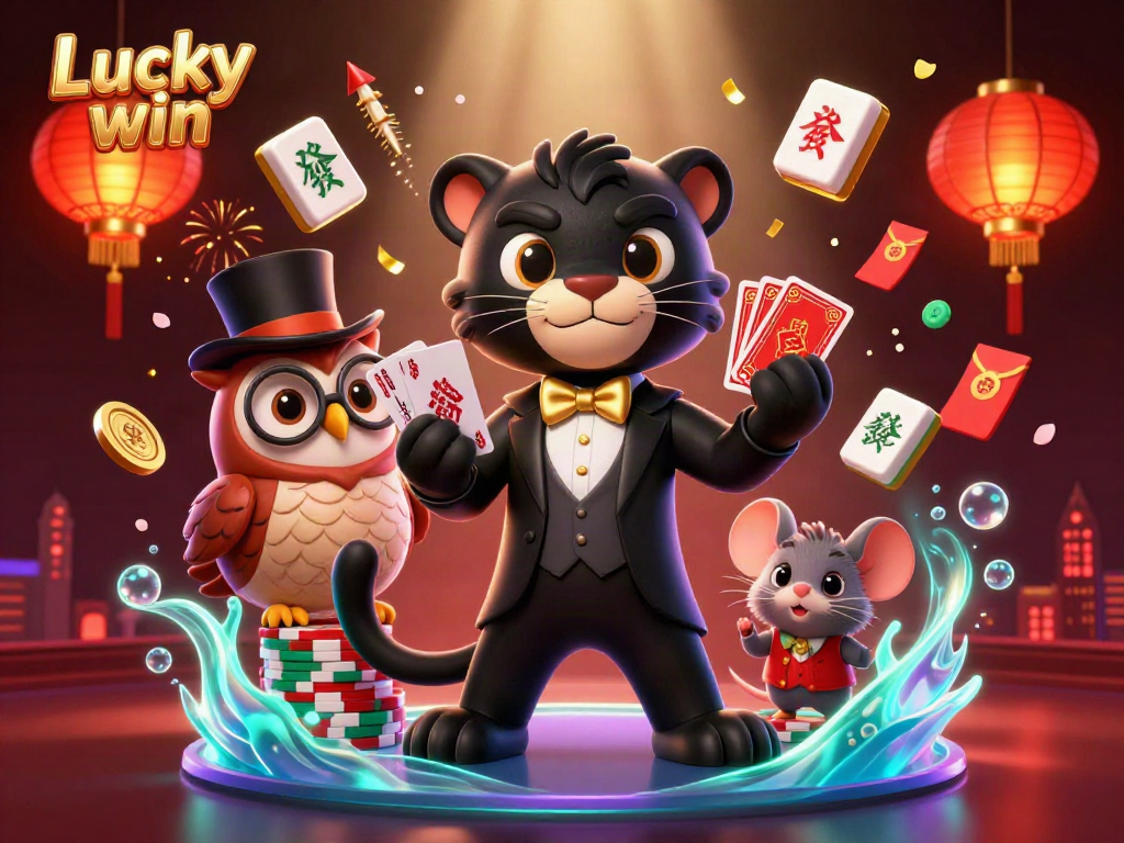Experience the excitement of Lucky win as a panther deals cards and an owl holds chips in a vibrant casino scene.