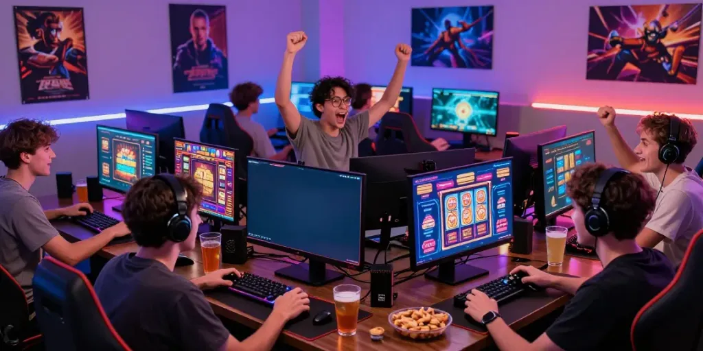Nohuwin online gaming scene showcasing players celebrating wins with vibrant graphics and modern gaming setup.