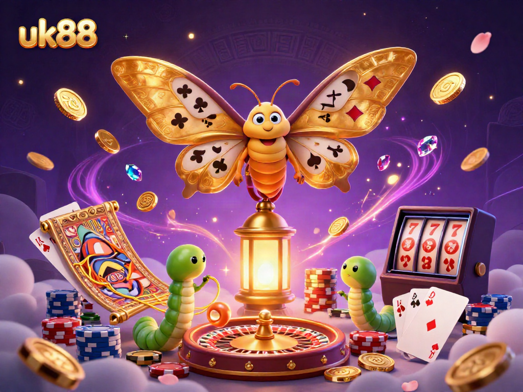 Experience the magic of uk88 in a vibrant 3D casino scene with golden coins and lively game elements.