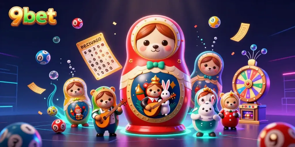 Engage with 9bet in a vibrant 3D casino scene featuring Matryoshka bears and glowing elements.