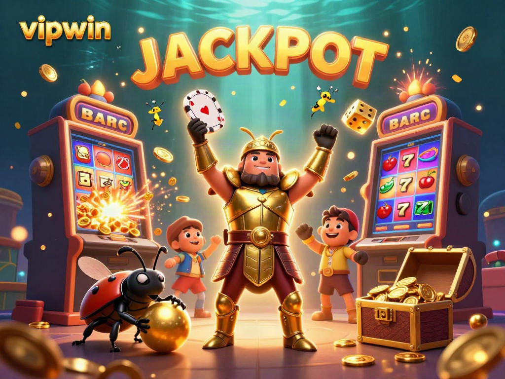 Join the excitement at vipwin with a victorious beetle championing a jackpot amidst casino treasures.