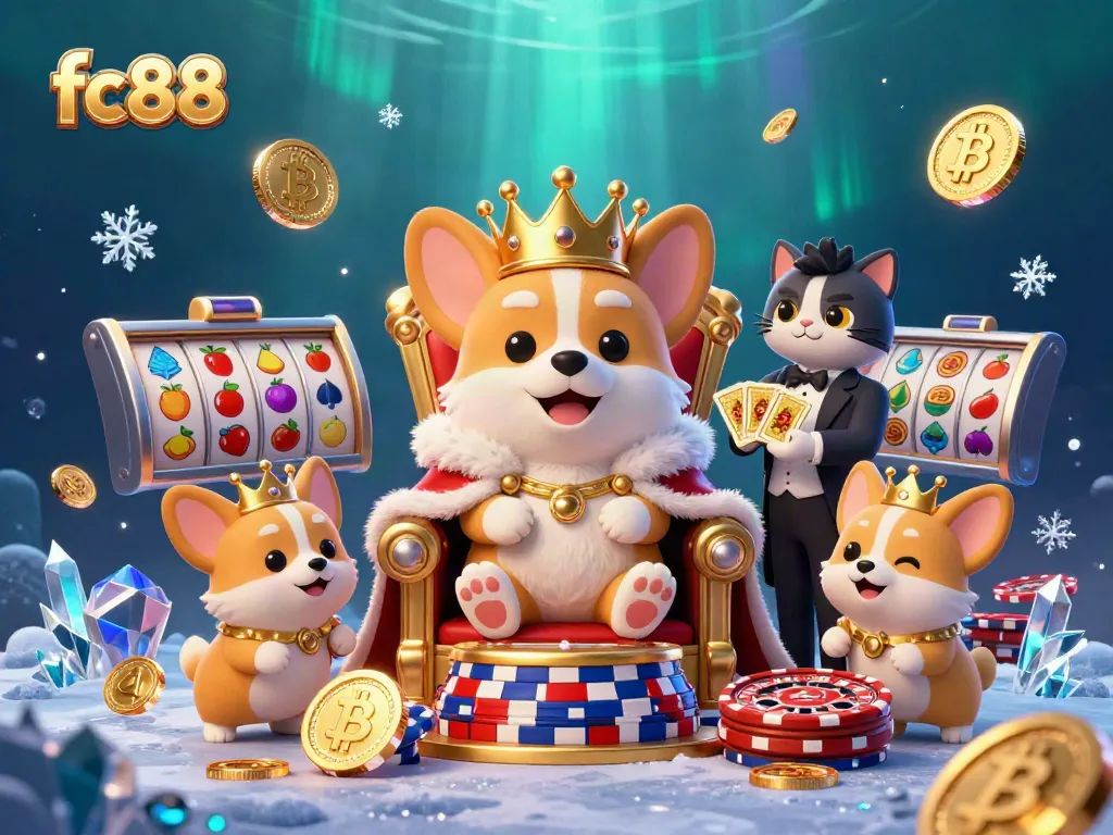 Join the royal corgi at the fc88 casino, surrounded by vibrant slot reels and bitcoin coins while playing card games.