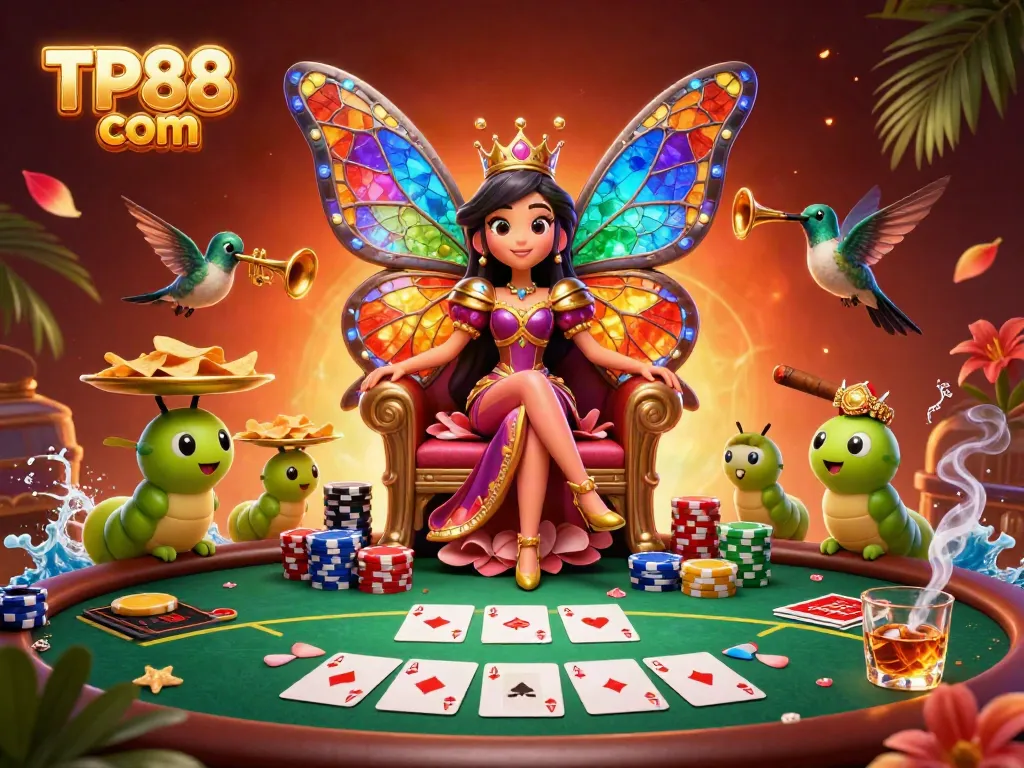 Engage in the thrill at TP88 com with a vibrant 3D casino scene featuring a butterfly queen and poker elements.