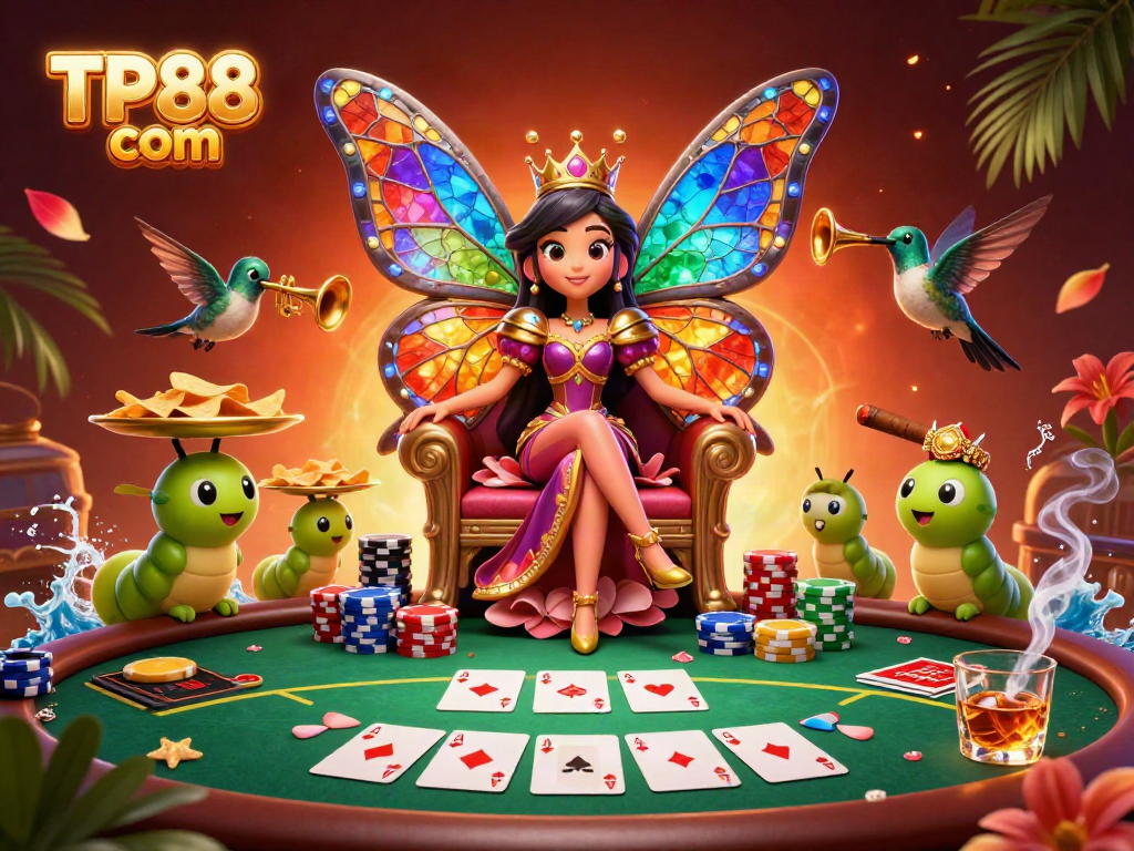 Engage in the thrill at TP88 com with a vibrant 3D casino scene featuring a butterfly queen and poker elements.